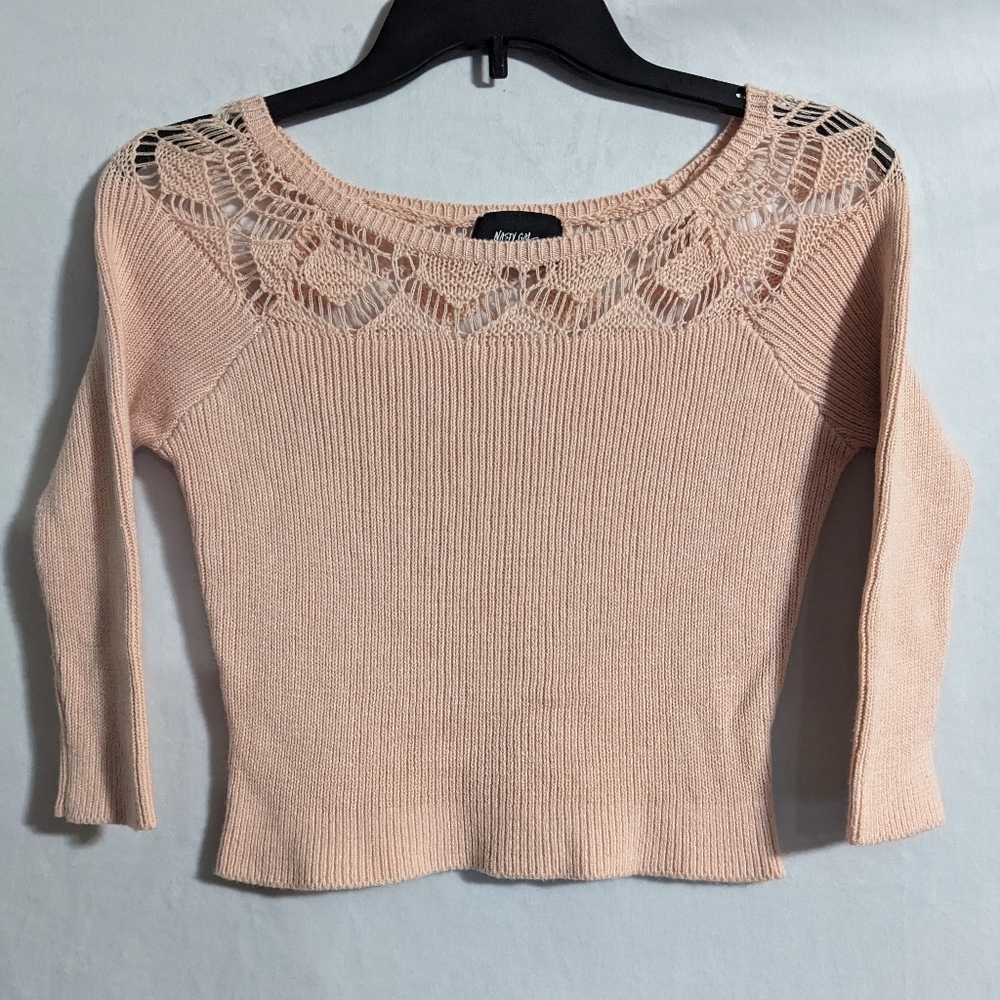 ☘️Nasty Gal Women's Pink Cropped Open Knit Neck Long Sleeve Sweater Size Small